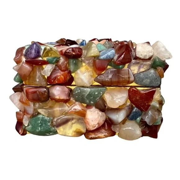 Colored Gemstones on Wooden Trinket Box with A Red Lined Interior Jewelry Box
